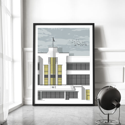 A Hoover building print in large format leant against the wall in a modern living space.