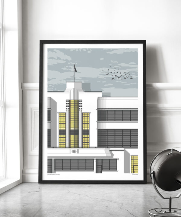 A Hoover building print in large format leant against the wall in a modern living space.