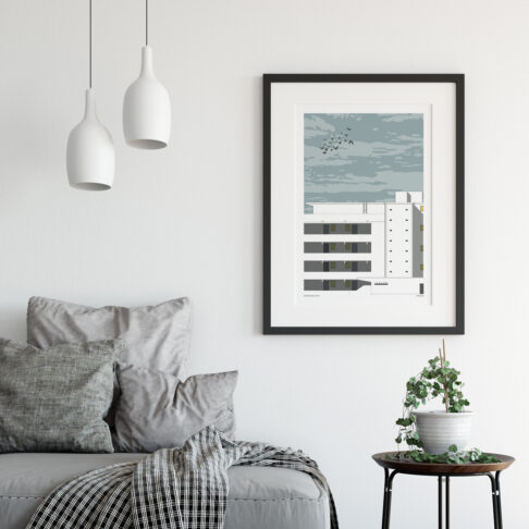 A print of the Isokon building in London's Belsize Park in all it's Modernist glory, shown here in a contemporary living space.