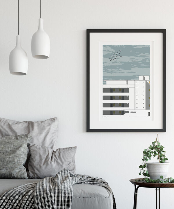 A print of the Isokon building in London's Belsize Park in all it's Modernist glory, shown here in a contemporary living space.