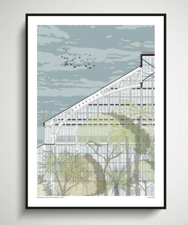 A modern print of Kew Gardens detailing its iconic Temperate House and the botanical species within.