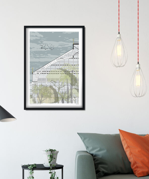 Kew Gardens art shown here as a framed print in a modern sitting room space.