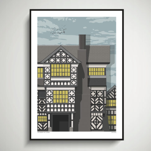 A print of Little Moreton Hall, a Tudor manor house in Cheshire.