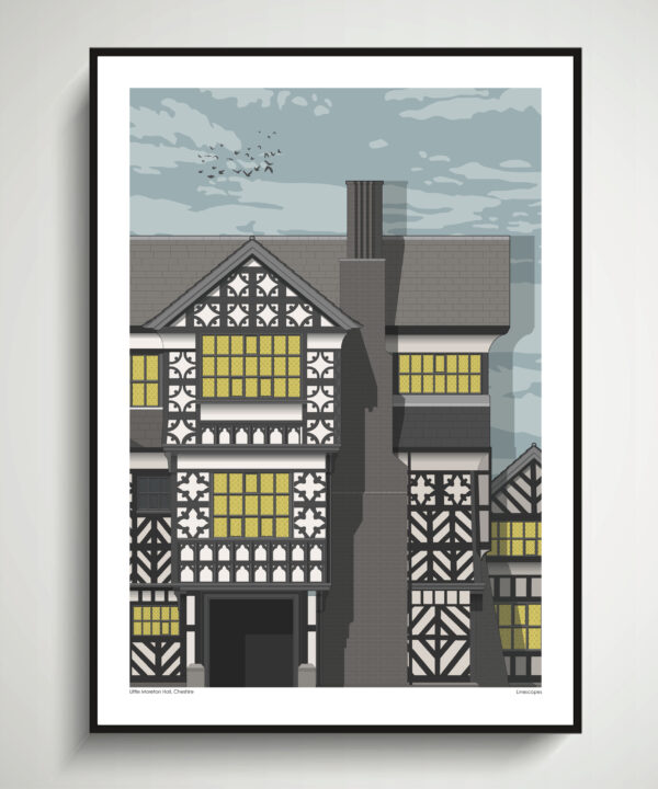 A print of Little Moreton Hall, a Tudor manor house in Cheshire.