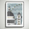 London wall art print architectural drawing depicting St. Paul's Cathedral, Tower Bridge and the London Eye.