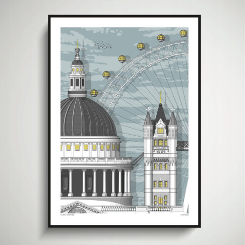 London wall art print architectural drawing depicting St. Paul's Cathedral, Tower Bridge and the London Eye.