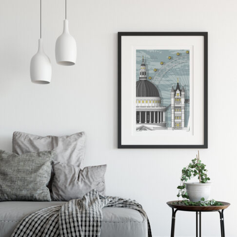 A composition of major architectural London landmarks in one print shown here in a sitting room.