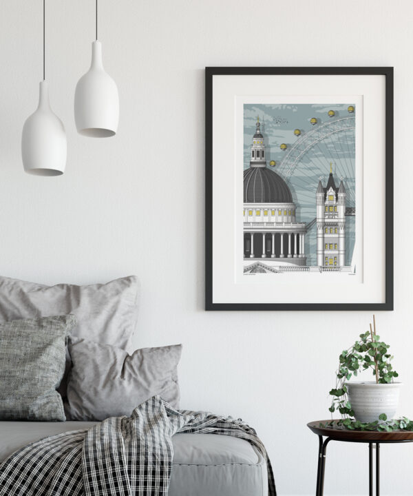 A composition of major architectural London landmarks in one print shown here in a sitting room.