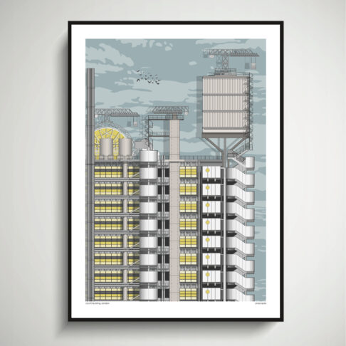 Print of the Lloyds building London, framed and hung against a pale grey wall.