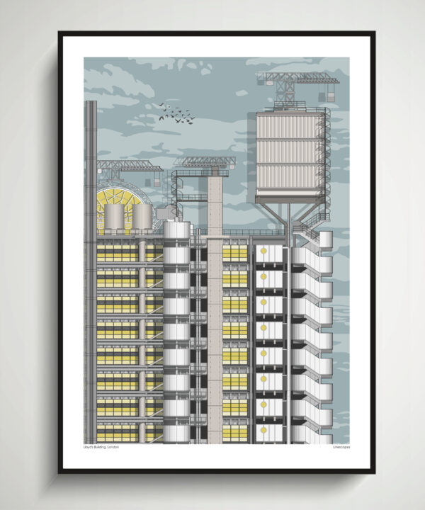 Print of the Lloyds building London, framed and hung against a pale grey wall.