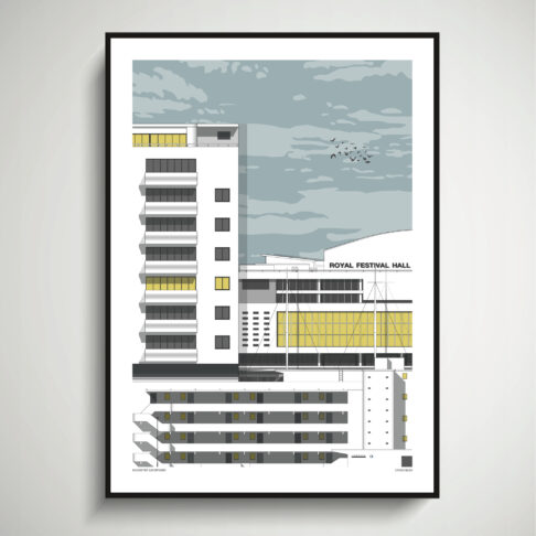 Modernist buildings in London depicted as a line-drawn, fine art print.