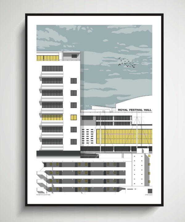 Modernist buildings in London depicted as a line-drawn, fine art print.