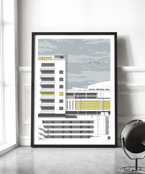 A large format framed print of iconic Modernist buildings in London.