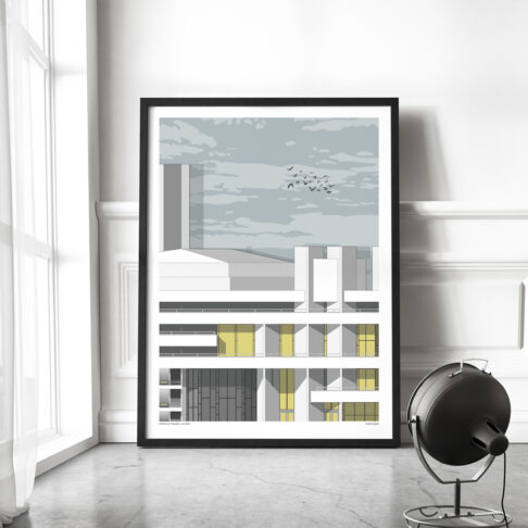 National Theatre print displayed in large format as a framed print in a modern, industrial style living space.