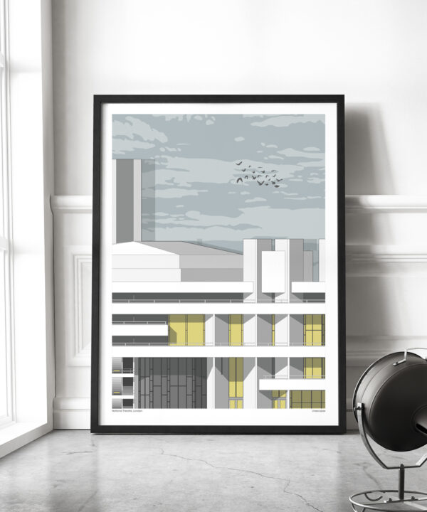 National Theatre print displayed in large format as a framed print in a modern, industrial style living space.