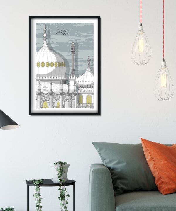 A print of a section of the Brighton Pavilion in a sitting room scenario.