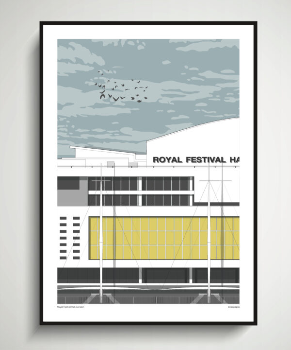 Print of the Royal Festival Hall on London's South Bank in a slender, black frame.