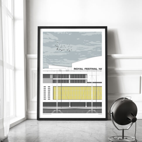 A large format print of the Royal Festival Hall on London's South Bank, displayed in a modern living space next to a window.