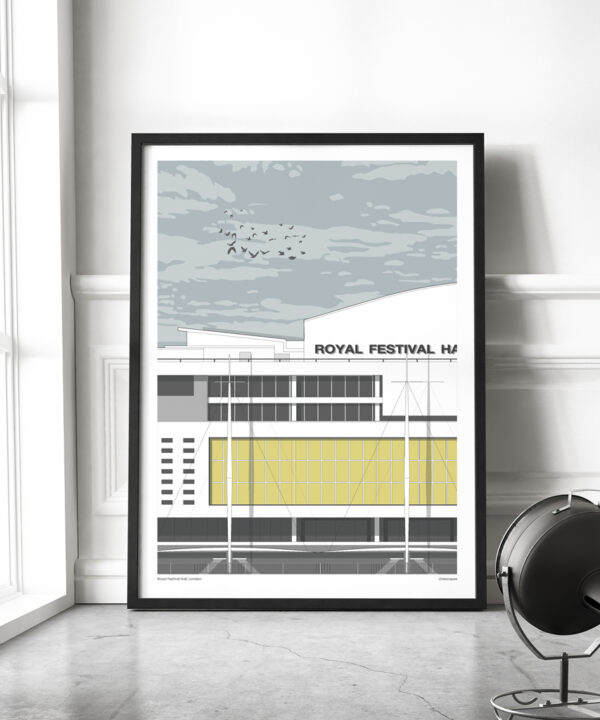 A large format print of the Royal Festival Hall on London's South Bank, displayed in a modern living space next to a window.