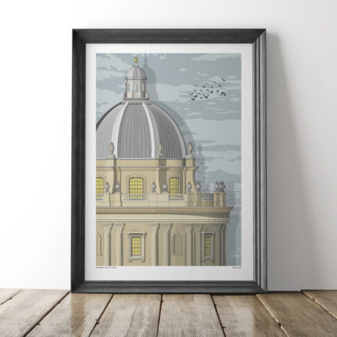 A section of a modern line drawing of the Radcliffe Camera, an iconic building on the Oxford University campus.