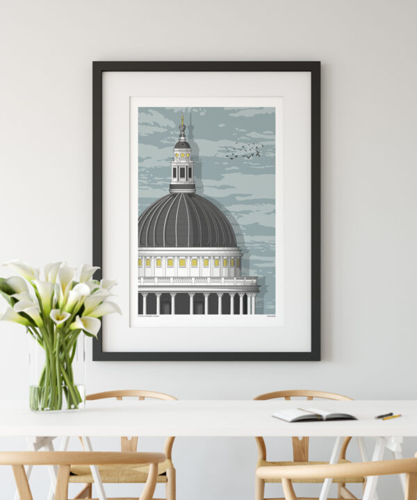 A print of a section of St. Paul's cathedral in London in a dining room scenario.