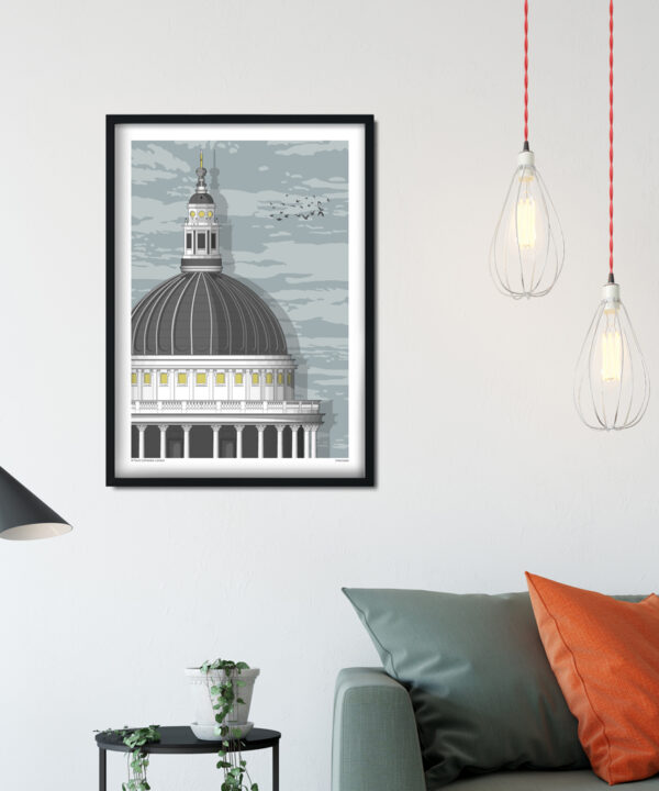 A print of a section of St. Paul's cathedral in London in a sitting room scenario.