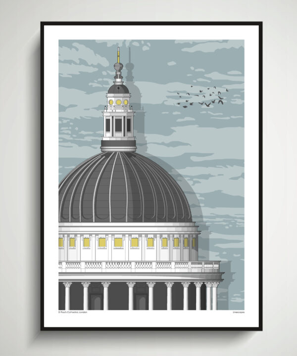 One of the major London landmarks. St. Paul's Cathedral as a modernist, architectural line -drawn print..