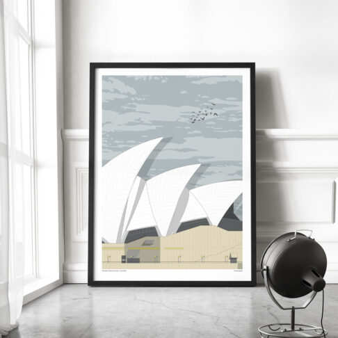 A large print of the Sydney opera house in an airy, loft-style setting.