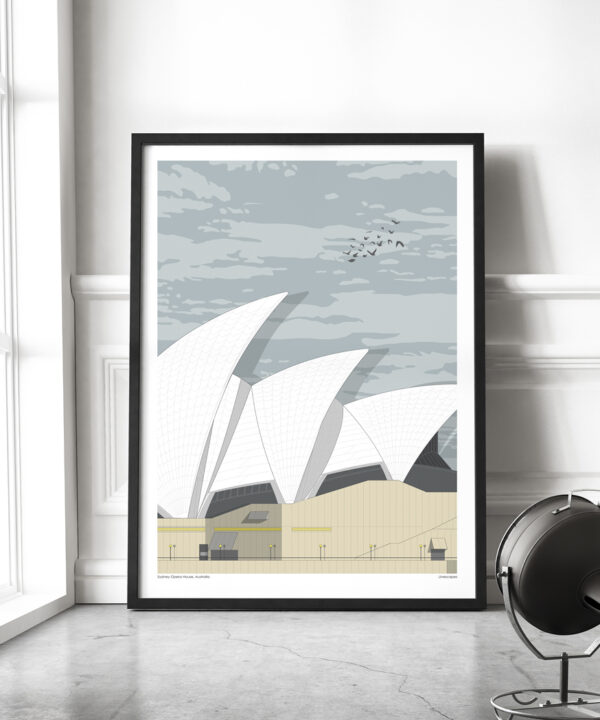 A large print of the Sydney opera house in an airy, loft-style setting.