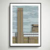 A Tate Modern building wall art print with a modernist feel. Shown here in large format framed with a slim, black frame.