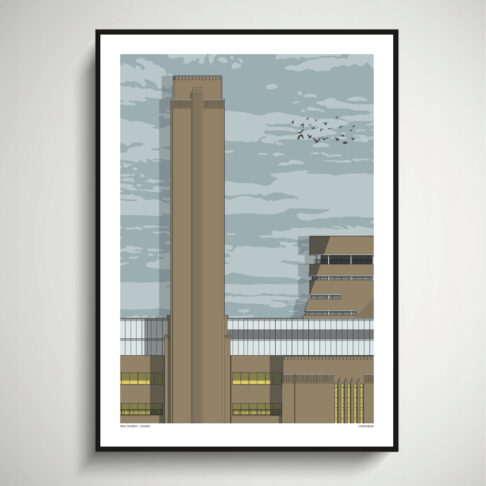 A Tate Modern building wall art print with a modernist feel. Shown here in large format framed with a slim, black frame.