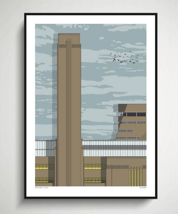 A Tate Modern building wall art print with a modernist feel. Shown here in large format framed with a slim, black frame.