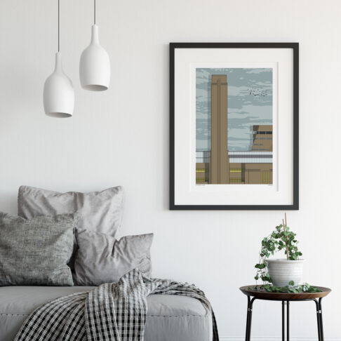 A detailed section of the iconic Tate Modern building along London's South Bank. This wall art print is shown here in a modern sitting room setting.