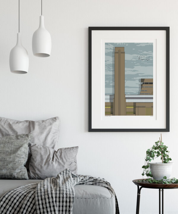 A detailed section of the iconic Tate Modern building along London's South Bank. This wall art print is shown here in a modern sitting room setting.