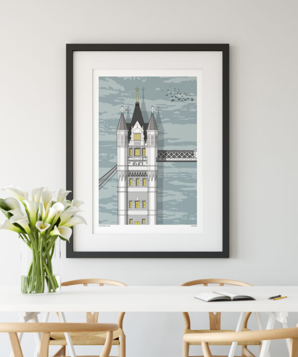 A print of a section of Tower Bridge in London in a dining room setting.