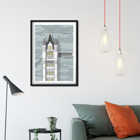 A print of a section of Tower Bridge in London in a sitting room setting.