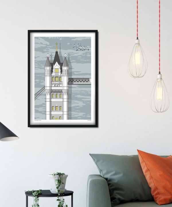 A print of a section of Tower Bridge in London in a sitting room setting.