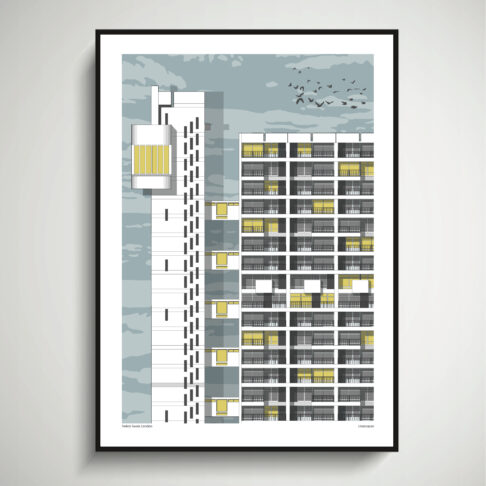 A detailed print of a section of iconic, London landmark Trellick Tower.