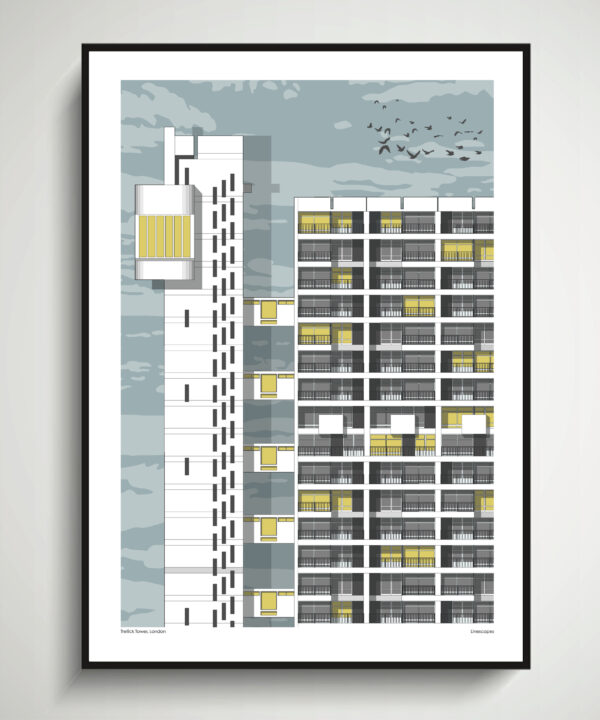 A detailed print of a section of iconic, London landmark Trellick Tower.