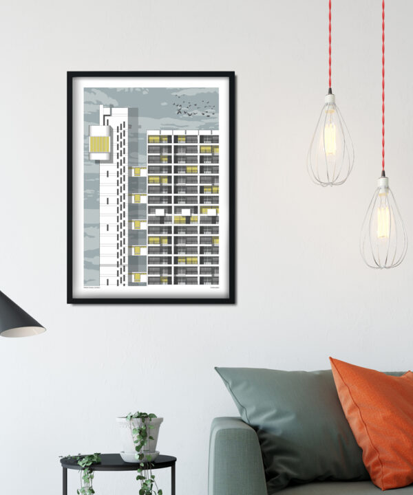 Trellick Tower wall art displayed in a modern sitting room setting.