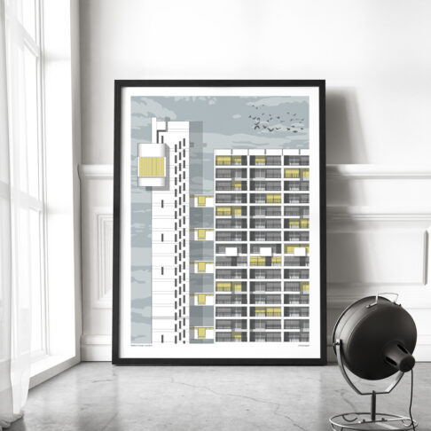 Print of Trellick Tower displayed as a large format print in an industrial, loft setting.