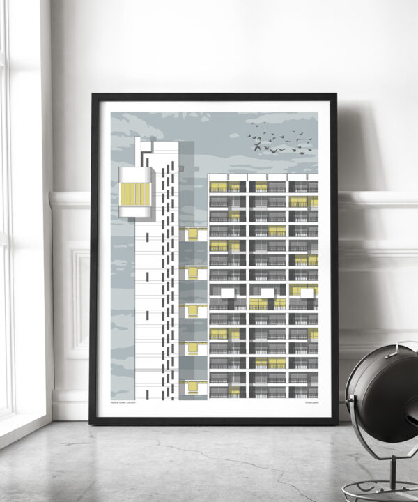 Print of Trellick Tower displayed as a large format print in an industrial, loft setting.