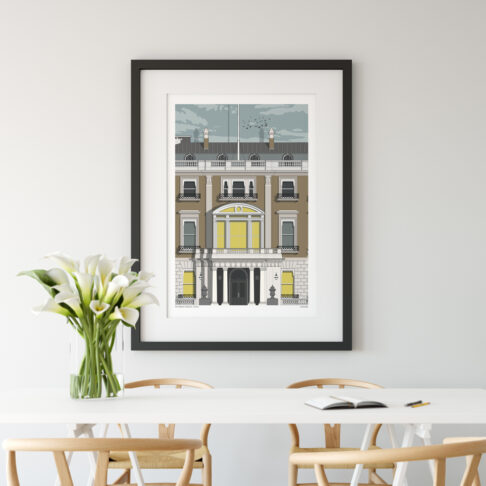 A Wallace Collection art print behind a modern, wooden dining table and chairs with a vase of flowers.