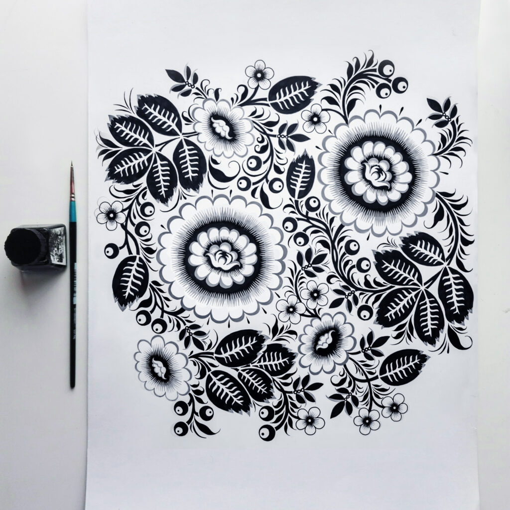 A traditional pen and ink Russian folk art design inspired by Khokhloma-ware.