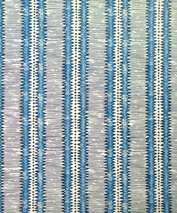 Striped blue and white wallpaper in a West-African-inspired, zig-zag design.