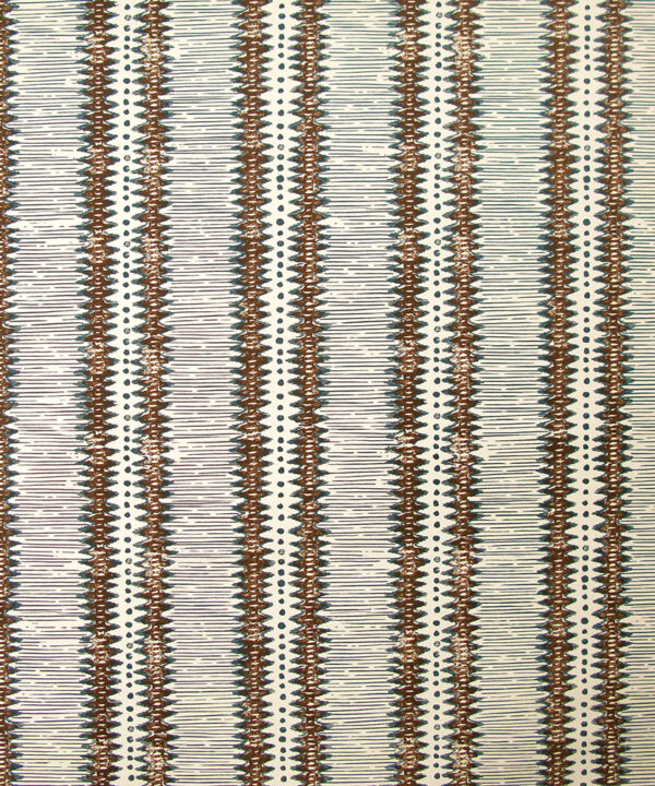 Brown and blue, zig-zag striped, hand-printed linen from Rapture & Wright.