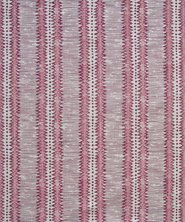 Linen striped cushion fabric in a pretty, muted pink hand-print inspired by motifs on a West African artefact.