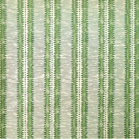 Green and white, zig-zag striped, hand-printed linen from Rapture & Wright.