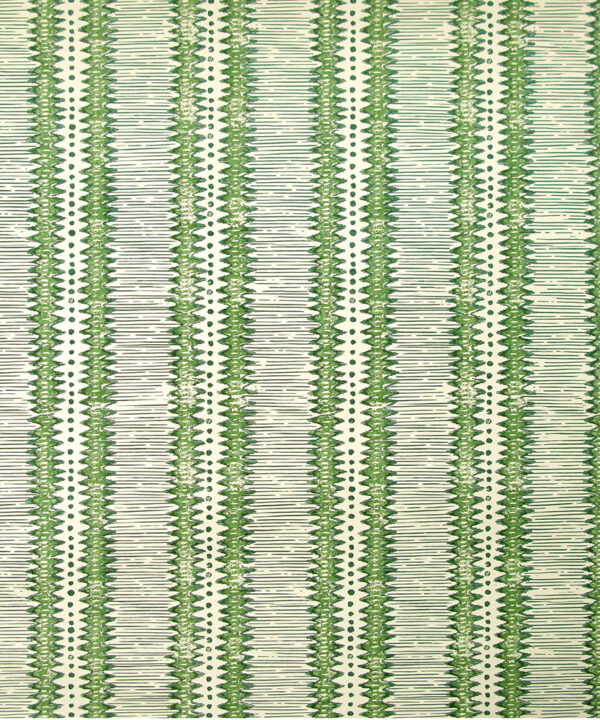 Green and white, zig-zag striped, hand-printed linen from Rapture & Wright.