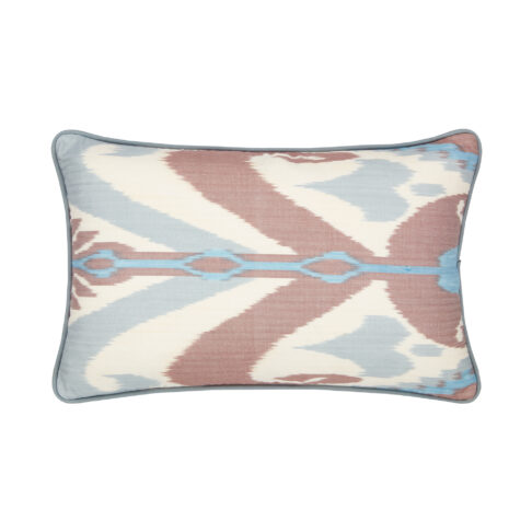 A pale blue and taupe silk Ikat cushion with piped edging.